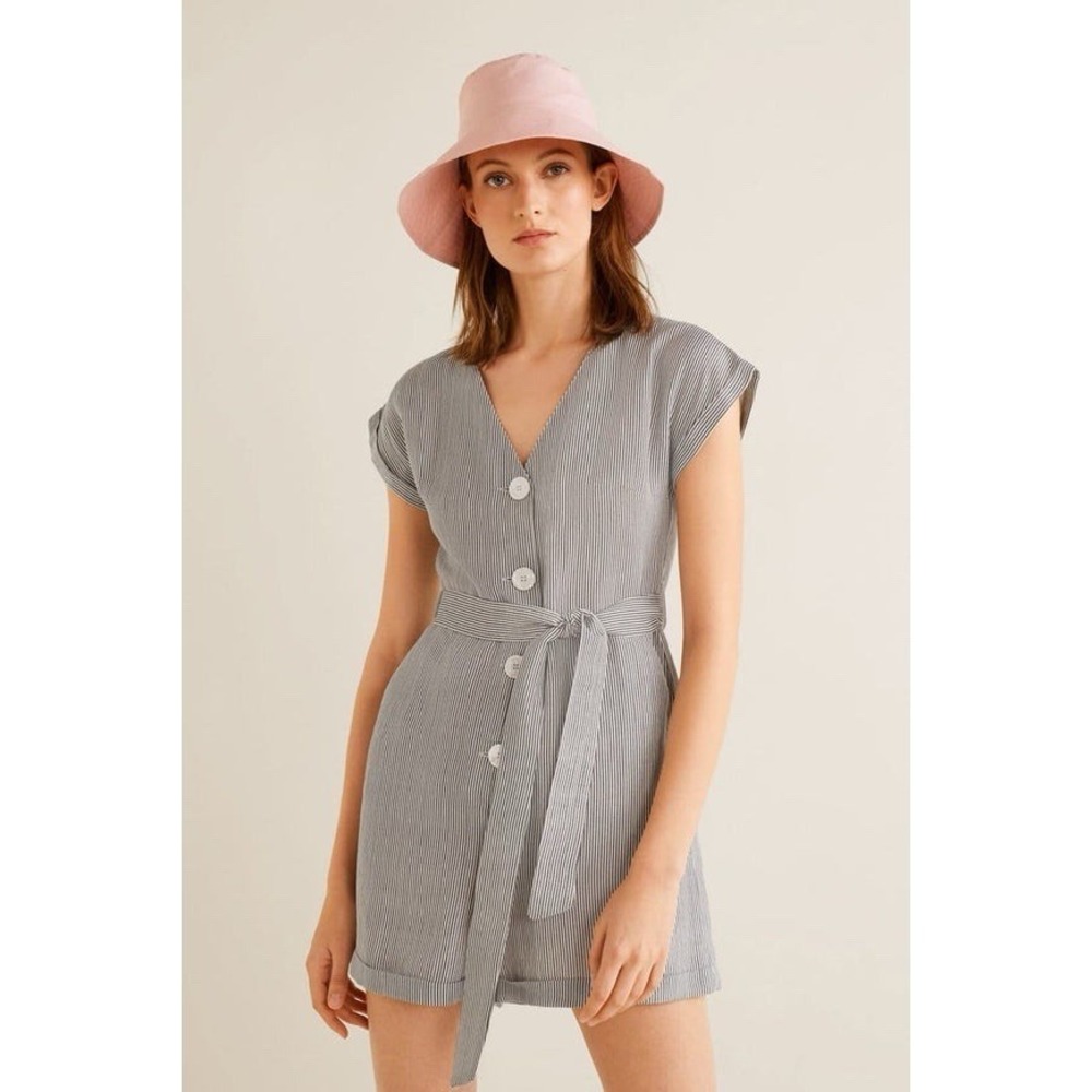 MANGO Striped Romper S/4 Linen Blend Button Gray White Belted V Neck Cap Sleeve